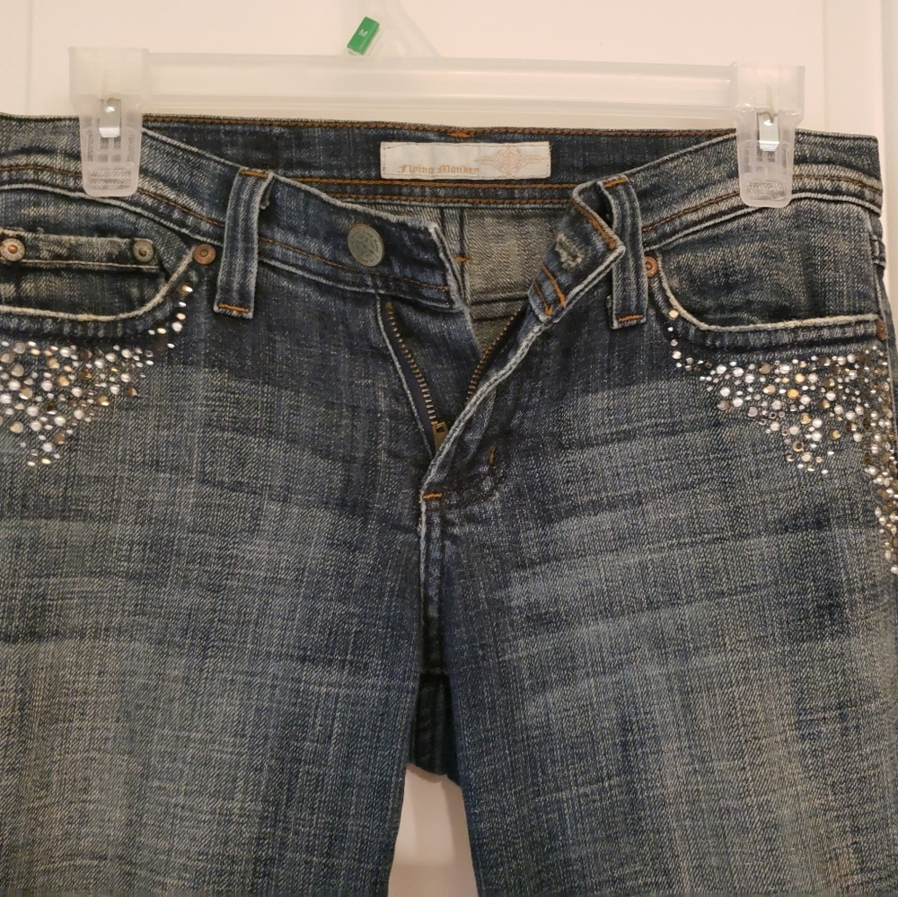 Flying Monkey Rhinestone High Fashion Dark Blue Denim Jeans